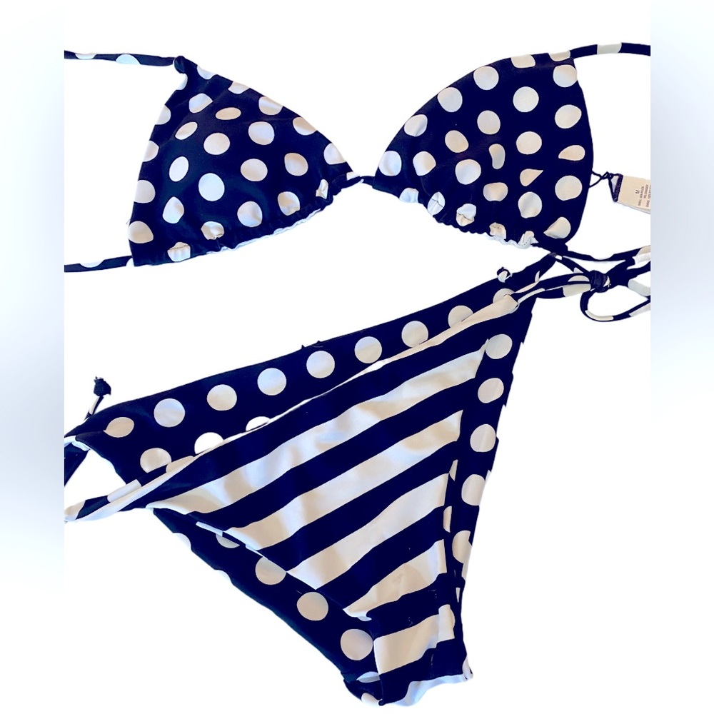 Capri Reversible Black and White Stripe or Polka Dot String Bikini Size M